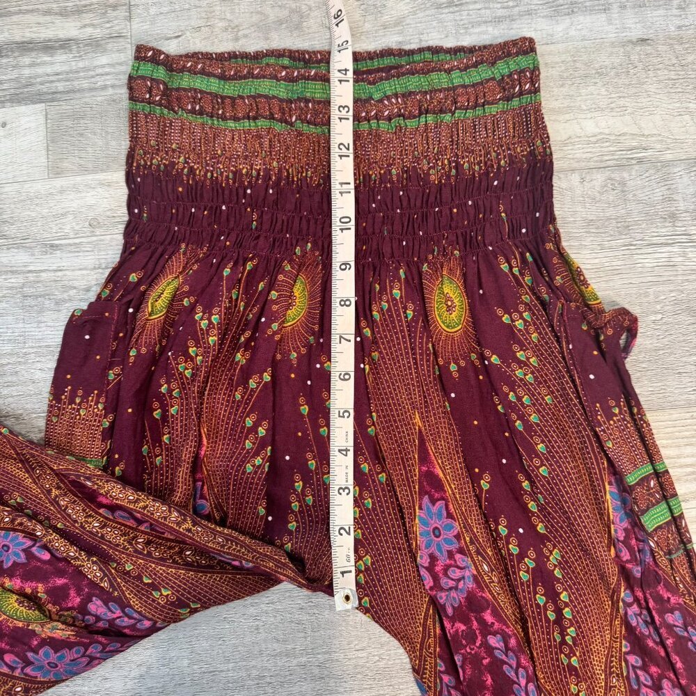 Burgundy Feather Print Harem Pants Size Medium Smocked Waist, Pockets M3 - Picture 5 of 7